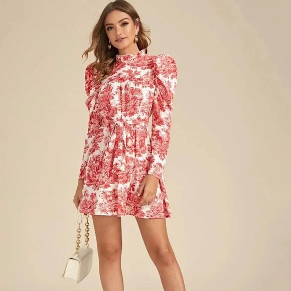 💢SOLD💢 SHEIN Frill Neck Puff Sleeve Landscape Print Belted Dress - Picture 7 of 8